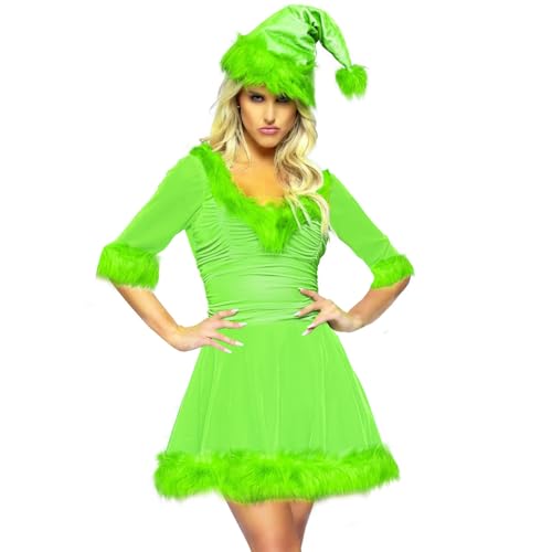 Qtinghua Weihnachtskostüm für Damen, Weihnachtsmann-Kostüm, Weihnachtsmann-Kostüm, Fellbesatz, Minikleid, Set, Weihnachten, Urlaub, Elfe, Cosplay, Party, Kostüme, (L Grün, M) von Qtinghua