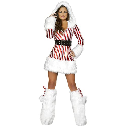Qtinghua Weihnachtskostüm für Damen, Weihnachtsmann-Kostüm, Weihnachtsmann-Kostüm, Fellbesatz, Minikleid-Set, Weihnachten, Urlaub, Elfe, Cosplay, Party-Kostüme (C, Rot, M) von Qtinghua