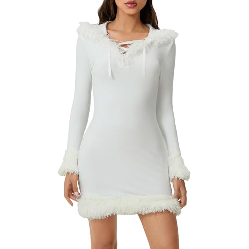 Qtinghua Weihnachtskostüm für Damen, Weihnachtsmann-Kostüm, Weihnachtsmann-Kostüm, Fellbesatz, Minikleid-Set, Weihnachten, Urlaub, Elfe, Cosplay, Party-Kostüme (F, Weiß, M) von Qtinghua