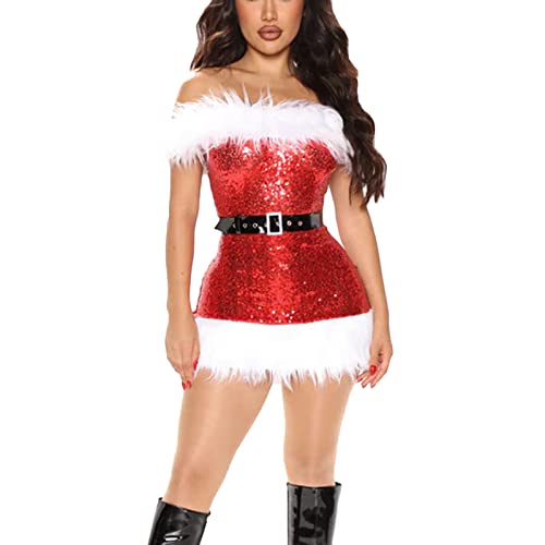 Qtinghua Weihnachtskostüm für Damen, Weihnachtsmann-Kostüm, Weihnachtsmann-Kostüm, Fellbesatz, Minikleid-Set, Weihnachten, Urlaub, Elfe, Cosplay, Party-Kostüme (Rot, M) von Qtinghua