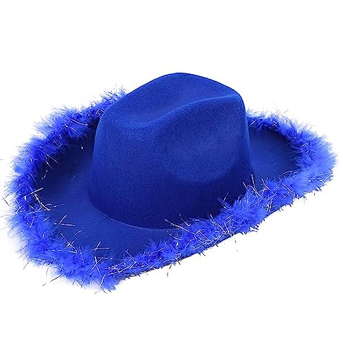 Qtinghua Weiß/Rosa Cowboyhut für Damen, flauschiger Federbesatz, Halloween-Kostüm, Cowgirl-Hut für Cosplay, Fasching, Party, Rollenspiel, Cosplay, Geburtstagsparty (Marineblau, Einheitsgröße) von Qtinghua