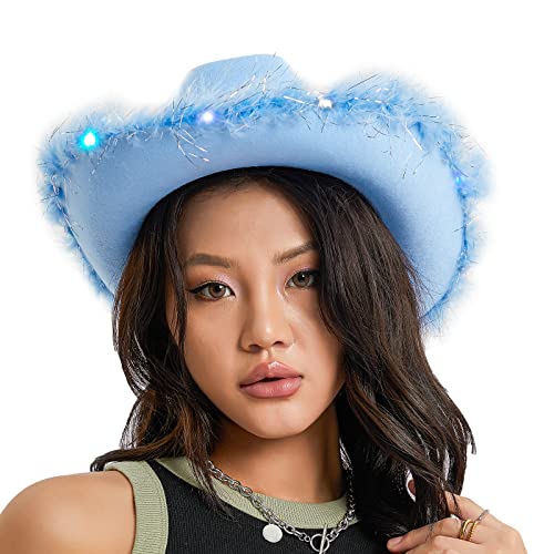 Qtinghua Cowboyhut für Damen, flauschiger Federbesatz, Halloween-Kostüm, Cowgirl-Hut für Cosplay, Kostümparty, Rollenspiel, Geburtstagsparty, Blau mit LED, Weiß, Rosa, Einheitsgröße von Qtinghua