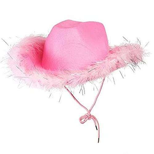 Qtinghua Cowboyhut für Damen, flauschiger Federbesatz, Halloween-Kostüm, Cowgirl-Hut für Cosplay, Kostümparty, Rollenspiel, Geburtstagsparty, Rosa mit strahlenden Fusseln, Weiß, Rosa, Einheitsgröße von Qtinghua