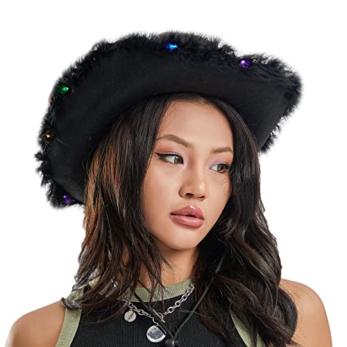 Qtinghua Cowboyhut für Damen, flauschiger Federbesatz, Halloween-Kostüm, Cowgirl-Hut für Cosplay, Kostümparty, Rollenspiel, Geburtstagsparty, Schwarz mit LED, Weiß, Rosa, Einheitsgröße von Qtinghua