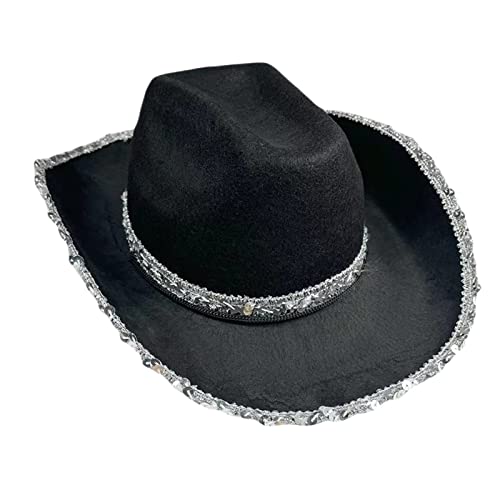 Qtinghua Weiß/Rosa Cowboyhut für Frauen Flauschiger Federbesatz Halloween Kostüm Cowgirl Hut für Cosplay Verkleidung Party Rollenspiel Geburtstagsfeier (Silberrand Pailletten Schwarz, Einheitsgröße) Qtinghua Weiß/Rosa Cowboyhut für Frauen Flauschiger Federbesatz Halloween Kostüm Cowgirl Hut für Cosplay Verkleidung Party Rollenspiel Geburtstagsfeier (Silberrand Pailletten Schwarz, Einheitsgröße) von Qtinghua