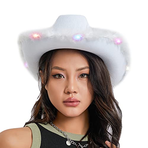 Qtinghua Cowboyhut für Damen, flauschiger Federbesatz, Halloween-Kostüm, Cowgirl-Hut für Cosplay, Kostümparty, Rollenspiel, Geburtstagsparty, Weiß mit LED, Weiß, Rosa, Einheitsgröße von Qtinghua