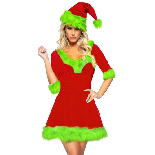 Qtinghua Wickel-Weihnachtskostüm für Damen, Weihnachtsmann, verkleidet sich mit Pelzbesatz, Minikleid-Set, Weihnachten, Urlaub, Elfe, Cosplay, Party, Kostüme (L Weinrot, XL) von Qtinghua