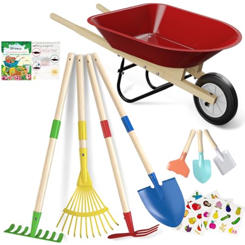 Qtioucp Kinder Gartenwerkzeuge Set mit Schubkarre Outdoor Hinterhof Garten Spielen für Kleinkinder Jungen Mädchen 3-8, mit Schaufel, Rechen, Laubbesen, Ostergeburtstagsgeschenke Qtioucp Kinder Gartenwerkzeuge Set mit Schubkarre Outdoor Hinterhof Garten Spielen für Kleinkinder Jungen Mädchen 3-8, mit Schaufel, Rechen, Laubbesen, Ostergeburtstagsgeschenke von Qtioucp