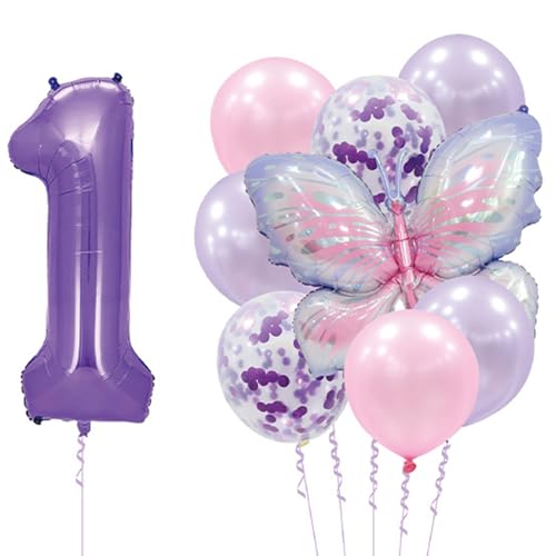 Lila Schmetterlinge Luftballons Mädchen, 1 Jahre Geburtstagsdeko, Riesige Bunte Schmetterling Luftballons, Mädchen Folienballon 1. Kindergeburtstag Schmetterling Deko von QttvbTna