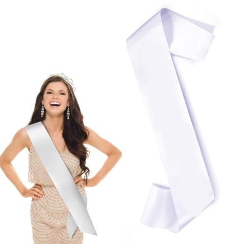 Weiße Blanko-Schärpen, Satin-Schärpe, zum Selbermachen, unbedruckte Schärpe für Heimkehr-Wettbewerbe, Paraden, Junggesellenabschied, Hochzeit, Geburtstagsparty (weiß) von QttvbTna