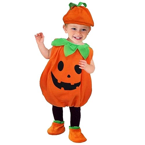 Qtynudy Kinder Kinder Halloween Kürbiskostüm mit Hut Cosplay für Baby Mädchen Junge Bühnenpartybekleidung 110cm Strapazierfähiges Orange von Qtynudy