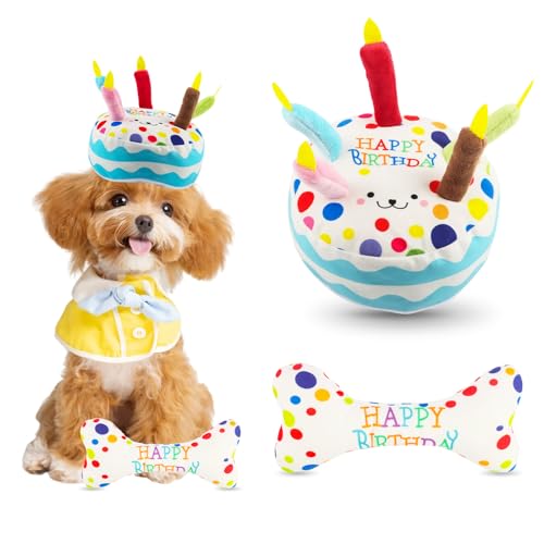 Quahzify Quietschendes Hundespielzeug, Hund Geburtstagstorte Spielzeug, Knochen Plüsch Spielzeug Kuchen Plüschtier für Haustier, Hundekauspielzeug Geburtstagsgeschenke von Quahzify