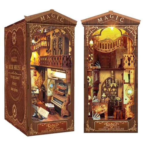 Quanquer DIY Book Nook Kit – DIY Puppenhäuser Miniatur Haus Kit mit Möbeln und LED-Licht, 3D Puzzle Buchstützen aus Holz, Modellbausätze für Erwachsene zum Bauen von Quanquer