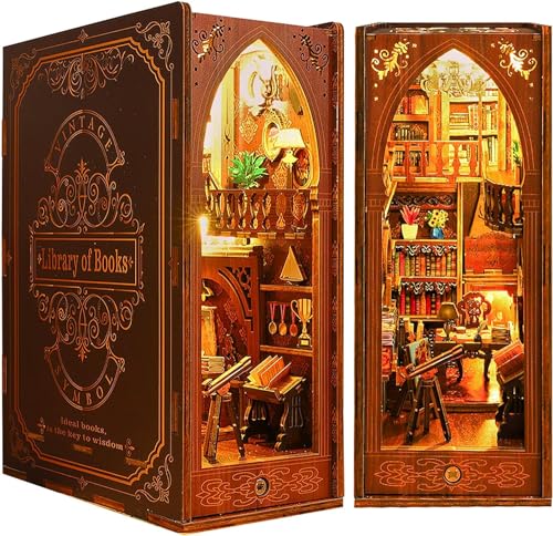 Quanquer DIY Book Nook Bibliothek Kit_Puppenhäuser Holz Miniatur Haus Kit mit Möbeln und LED-Licht, 3D Holzpuzzle Book Nook Kit, Modellbausätze für Personen über 14 Jahre Kreatives Geschenk von Quanquer