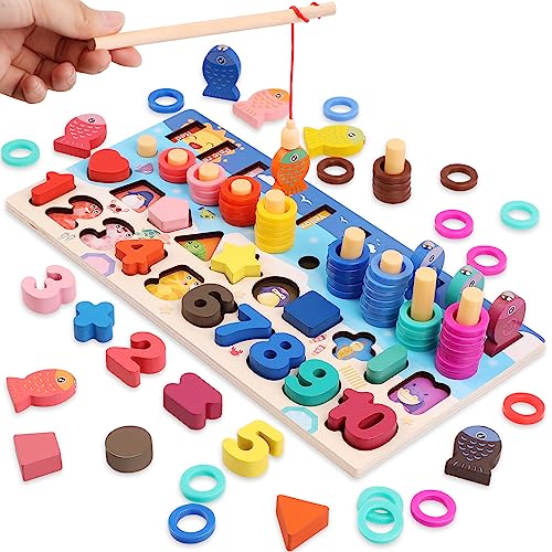 Montessori Spielzeug Magnetisches Angelspiel, Holzpuzzle Zahlen Lernen für Kinder ab 2 3 4 5 6 Jahren Puzzle Regenbogen Angeln Kinderspielzeug, Lernspiele für Kinder für Farben und Formen von Quanquer