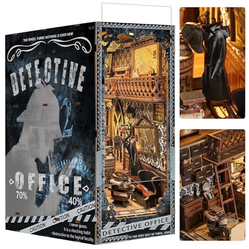 Quanquer Book Nook Kit-Detektivbüro Mit Staubschutzhülle Miniatur Puppenhaus Bücherregal 3D Holzpuzzle Detective Office Booknook mit LED-Licht und Möbel, Kreativität Geschenk für Erwachsene Teenager von Quanquer