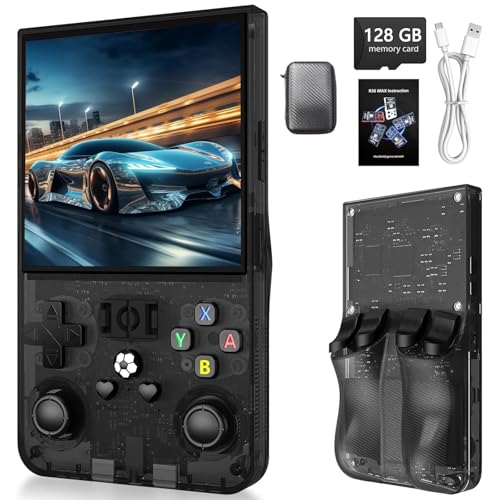 R36MAX Tragbare Spielekonsole – Dual Joystick 3D Retro Gaming Konsole IPS-Display 4 Zoll (10,2 cm), 22000 + vorinstallierte Spiele, Linux Open-Source-System, 128 GB TF-Karte inklusive (schwarz) von QuazarPyon