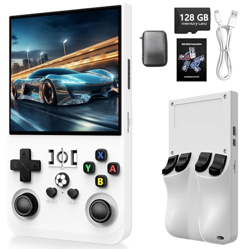 R36MAX Tragbare Spielekonsole – Dual Joystick 3D Retro Gaming Konsole IPS-Display 4 Zoll (10,2 cm), 22000 + vorinstallierte Spiele, Linux Open-Source-System, 128 GB TF-Karte inklusive (weiß) von QuazarPyon