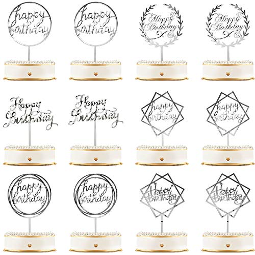 12 Stück Happy Birthday Kuchcen Topper Acryl Geburtstag Cupcake Topper Kuchen Pick Dekorationen für Geburtstag Party Kuchen Desserts Gebäck, 6 Arten (Silber) von Queekay