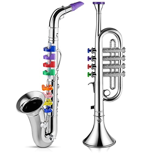 Set mit 2 Musikinstrumenten inklusive Saxophon Trompete Spielzeug Set Kunststoff Trompete Pädagogisch Musikinstrumente Spielzeug für Schule Musik Geschenk, Silber Oberfläche mit Farbtasten von Queekay