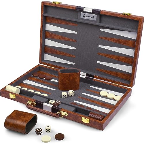 Große Backgammon-Sets für Erwachsene – Klassische Brettspiele für 2 Spieler, Erwachsene und Kinder – Premium Backgammon-Set mit 38 cm Spielbrett in hochwertigem PU-Leder-Etui von Queensell