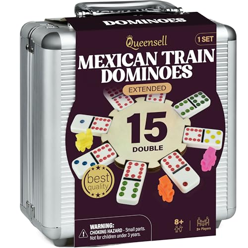 Mexican Train Domino-Set Doppel 15 – Domino-Set für Erwachsene und Familie, Mexican Train Doppel 15 Domino-Steine mit farbigen Punkten – 136 Steine, 9 Züge, Holz-Mittelstück, Aluminium-Case Mexican Train Domino-Set Doppel 15 – Domino-Set für Erwachsene und Familie, Mexican Train Doppel 15 Domino-Steine mit farbigen Punkten – 136 Steine, 9 Züge, Holz-Mittelstück, Aluminium-Case von Queensell