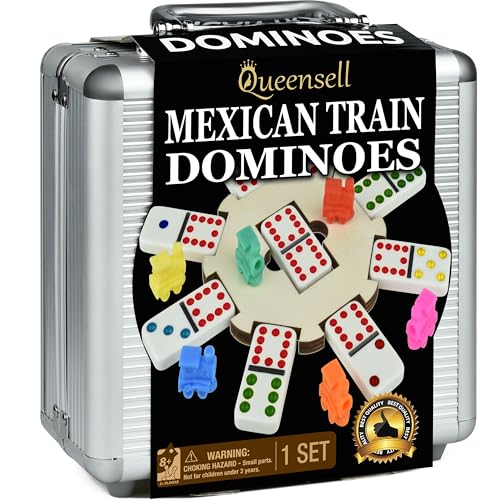Mexican Train Domino-Set mit Holzmittelstück, Domino-Brettspiele – Doppel-12 Domino-Set für Familienspieleabende für Erwachsene und Kinder ab 8 Jahren von Queensell