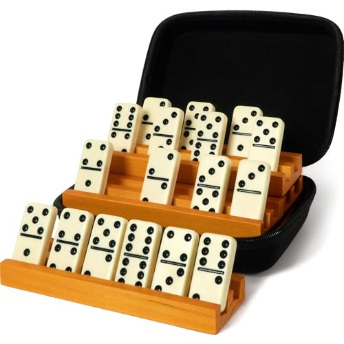 Queensell Domino-Set für Erwachsene mit 4 Domino-Racks – Doppel 6 Dominosteine Set mit Dominohalter, klassische Brettspiele für Kinder und Erwachsene – Double Six Standard Dominos Set 28 Fliesen mit von Queensell