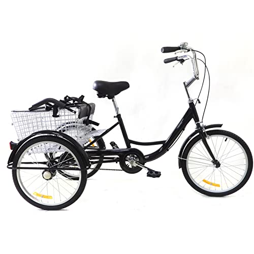 20Zoll Dreirad Erwachsene mit Kindersitz & Einkaufskorb Tricycle für Erwachsene 3 Räder Fahrrad mit Kindersitz und Einkaufskorb Tricycle Erwachsene Tricycle Cityräder,Schwarz von Queeucaer