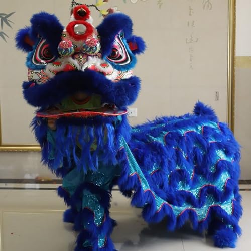 Quepiem Chinesischer Drachentanz-Löwentanz-Kostüm für Erwachsene, 2 Spieler, pelzig, interessante Outdoor-Sport-Performance-Parade(Blue) von Quepiem