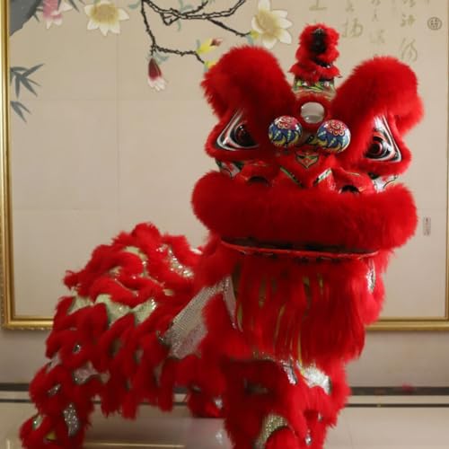 Quepiem Chinesischer Drachentanz-Löwentanz-Kostüm für Erwachsene, 2 Spieler, pelzig, interessante Outdoor-Sport-Performance-Parade(Red) von Quepiem