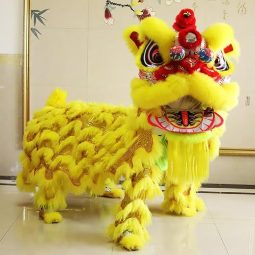 Quepiem Chinesischer Drachentanz-Löwentanz-Kostüm für Erwachsene, 2 Spieler, pelzig, interessante Outdoor-Sport-Performance-Parade(Yellow) von Quepiem