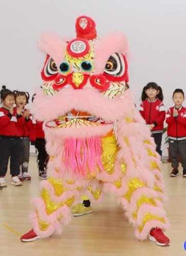 Quepiem Doppeltes Löwentanz-Maskottchen-Kostüm, traditioneller chinesischer Löwentanz-Kopf mit Schwanz und Hose für Kinder ab 15 Jahren, Party-Performance-Kostüm-Anzug(Light pink) von Quepiem