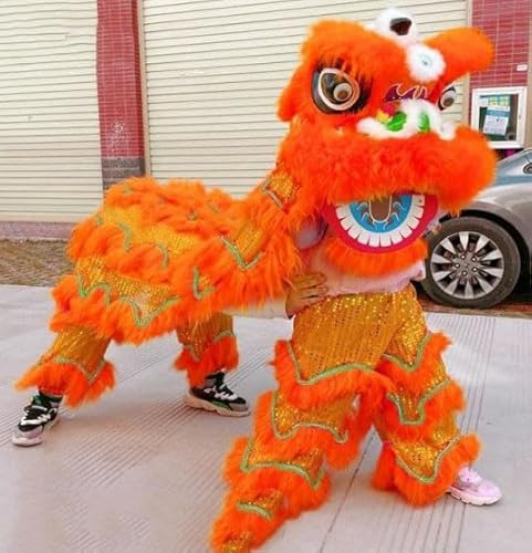 Quepiem Doppeltes Löwentanz-Maskottchen-Kostüm, traditioneller chinesischer Löwentanz-Kopf mit Schwanz und Hose für Kinder ab 15 Jahren, Party-Performance-Kostüm-Anzug(Orange) von Quepiem
