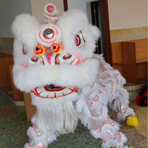 Quepiem Doppeltes Löwentanz-Maskottchen-Kostüm, traditioneller chinesischer Löwentanz-Kopf mit Schwanz und Hose für Kinder ab 15 Jahren, Party-Performance-Kostüm-Anzug(White) von Quepiem