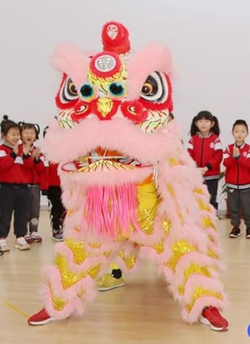 Quepiem Traditioneller chinesischer Löwentanz-Kopf mit Schwanz und Hose für Kinder ab 15 Jahren, Party-Kostüm, Anzug, 2 Spieler(Light pink) von Quepiem