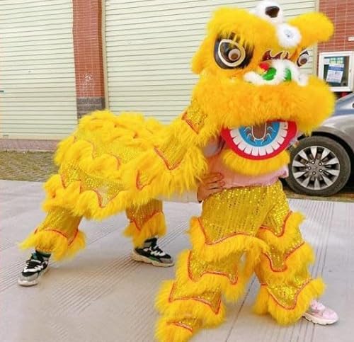 Quepiem Traditioneller chinesischer Löwentanz-Kopf mit Schwanz und Hose für Kinder ab 15 Jahren, Party-Kostüm, Anzug, 2 Spieler(Yellow) von Quepiem