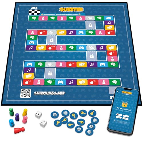Quester - Das Brettspiel mit App, interaktives Quiz, Musikspiel, Wissens- und Familienspiel, Brettspiel für Freunde, Familie und Partys, 3-6 Personen, ab 12 Jahren von Quester