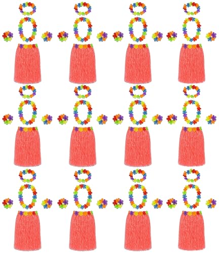 12 x Rot 5-teiliges Hula-Rock & Blumenleis Outfit-Set – Erwachsenen-Gruppenkostüm mit Hula-Rock, Lei-Girlande, Stirnband, Armbänder – Damen-Strand, Hawaii- und tropische Party-Zubehör-Set von Quickdraw Supplies