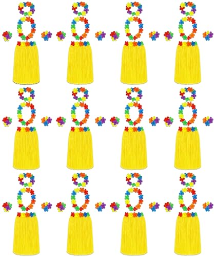 12 x gelbes 5-teiliges Hula-Rock- und Blumenleis-Outfit-Set – Erwachsenen-Gruppenkostüm mit Hula-Rock, Lei-Girlande, Stirnband, Armbänder – Damen-Strand-, Hawaii- und tropische Party-Zubehör-Set von Quickdraw Supplies