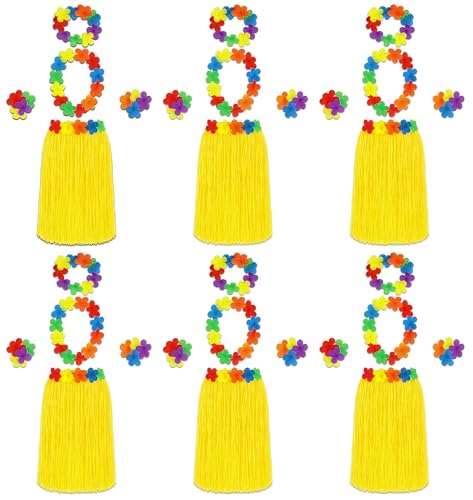 6 x gelber Hula-Rock & Blumenleis Outfit-Set – Erwachsenen-Gruppenkostüm mit Hula-Rock, Lei-Girlande, Stirnband, Armbänder – Damen-Strand, Hawaii- und tropische Party-Zubehör-Packung von Quickdraw Supplies