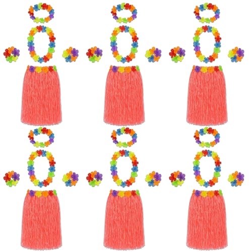 6 x rotes 5-teiliges Hula-Rock- und Blumenleis-Outfit-Set – Erwachsenen-Gruppenkostüm mit Hula-Rock, Lei-Girlande, Stirnband, Armbänder – Damen-Strand-, Hawaii- und tropische Party-Zubehör-Set von Quickdraw Supplies