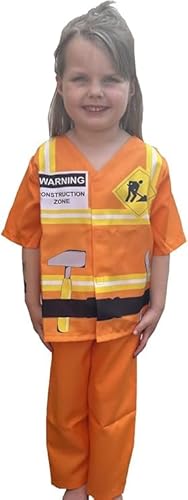 Kinder Baumeister Kostüm 5-7 Jahre - Kinder Bauarbeiter Verkleidung Set - 2-teiliges Outfit mit bedruckten Werkzeugen - Baumeister Kostüm für Jungen & Mädchen - Rollenspiel Dress Up Top & Hose für von Quickdraw Supplies