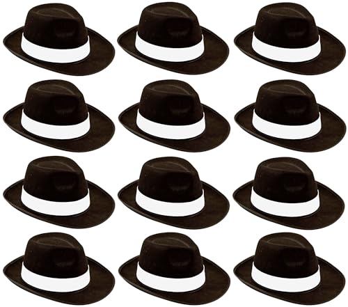 12 x Gangsterhüte – Schwarzer Trilby-Hut für Erwachsene mit weißem Band – Herren 1940er Jahre Mafia Detektiv Kostüm Zubehör – Al Capone Verkleidung Privater Ermittler Zubehör – Multipack Gangster Hüte von Quickdraw