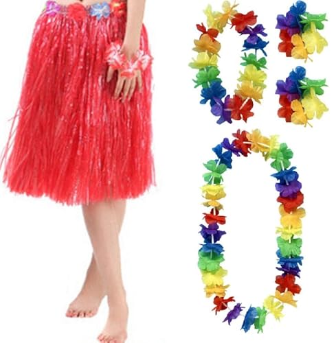 Quickdraw Hawaii Lei Hula Bastrock mit Blume Girlande Kostüm 5 Teile Aloha Sommer Party Satz - Rot, one Size von Quickdraw