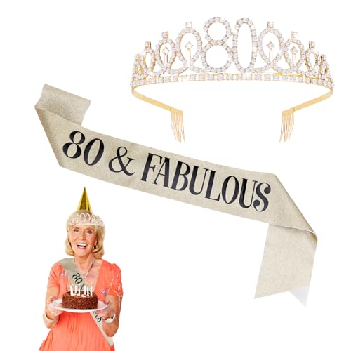 1 Set Gold 80. Geburtstag Schärpe und Tiara,80 Geburtstag Deko,Elegant Glänzend Geburtstagskrone,80. Happy Birthday Girl,für 80 Geburtstag-Deko Geschenk und Frauen Party Accessoires von Quilax