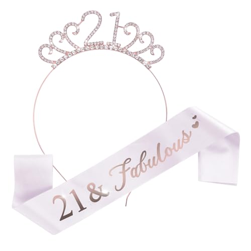 1 Set Roségold 21. Geburtstag Mädchen Schärpe und Tiara,21 Geburtstag Deko,Glänzend Geburtstagskrone,21. Happy Birthday Girl,für 21 Geburtstag-Deko Geschenk und Frauen Party Accessoires von Quilax