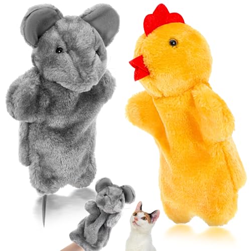 2 Stück Katzen-Wrestling-Handschuh, Maus-Huhn-Puppen-Handschuh, interaktives Katzenspielzeug, weiche Katzen, Wrestling-Spielzeugpuppe für Kätzchen, Training, und Übung (Grau, Gelb) von Quilax