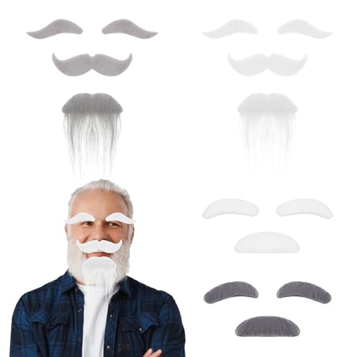 4 Sets gefälschte Schnurrbärte und künstliche Augenbrauen, lustiger, selbstklebender weißer Schnurrbart für Party, Halloween, Weihnachten, Cosplay, Pretend Play Opa (Grau, Weiß) von Quilax
