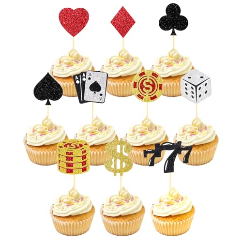 Cupcake-Topper für Casino-Themen, Party-Dekorationen, Glitzer-Pokerchips, für Vegas-Motto-Party-Dekorationen, Obst-Essenspieße für Poker-Nacht-Dekoration, 24 Stück von Quilax